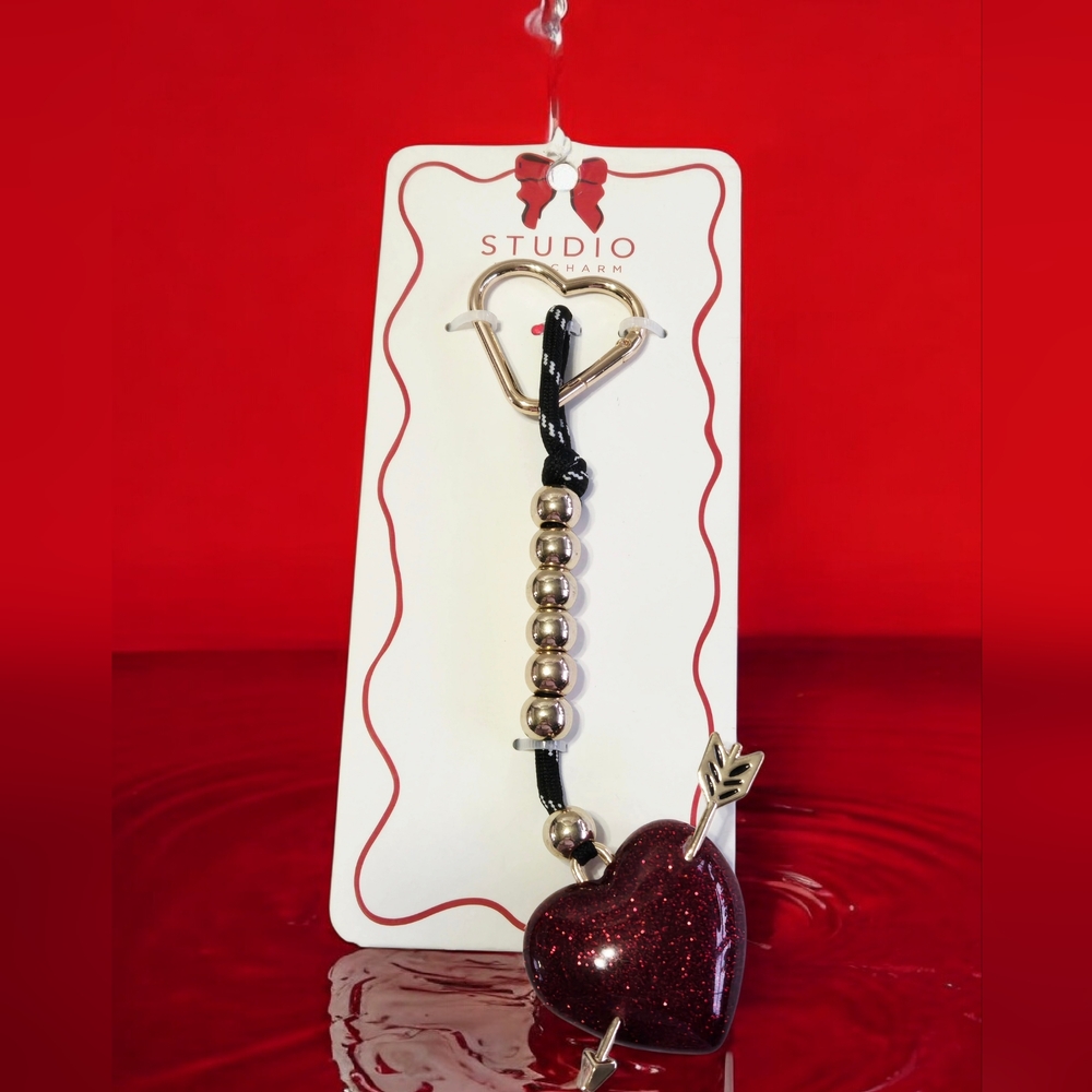 NEW Studio Glitter Heart Bag Charm Red and Gold 8 Inches NWT